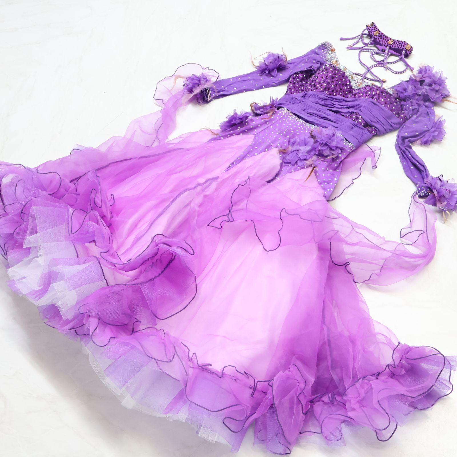 社交ダンス衣装】パープル ワンピース ドレス 紫 フロート 花
