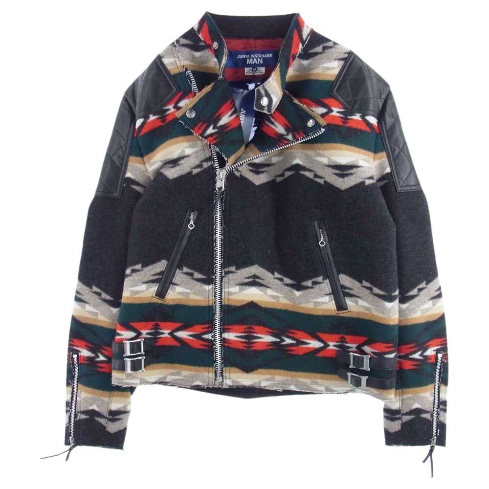 ジュンヤワタナベコムデギャルソンマン ジャケット Pendleton ペンドルトン 22AW Wj-J014-051 レザー切替 綿ウールジャガード  Wネーム ライダースJKT ブラック系 マルチカラー系 M【中古】 - メルカリ