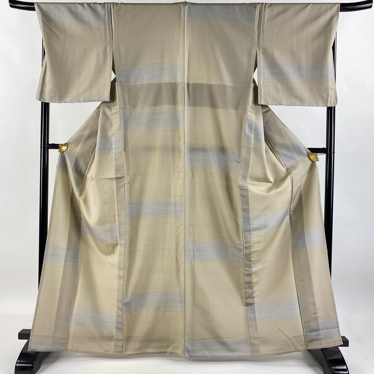紬 身丈164.5cm 裄丈70cm L 単衣 縞 ベージュ 正絹 秀品