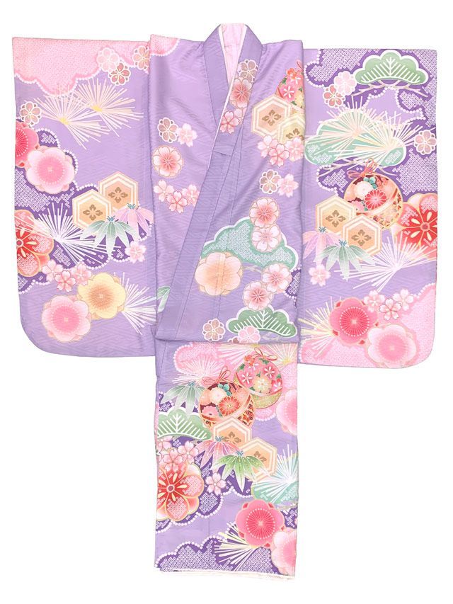 七五三 着物 7歳 女の子 式部浪漫ブランド 絵羽柄の着物 四つ身 子供振袖 単品 合繊 藤色 鞠梅 SR7pea-2506tan