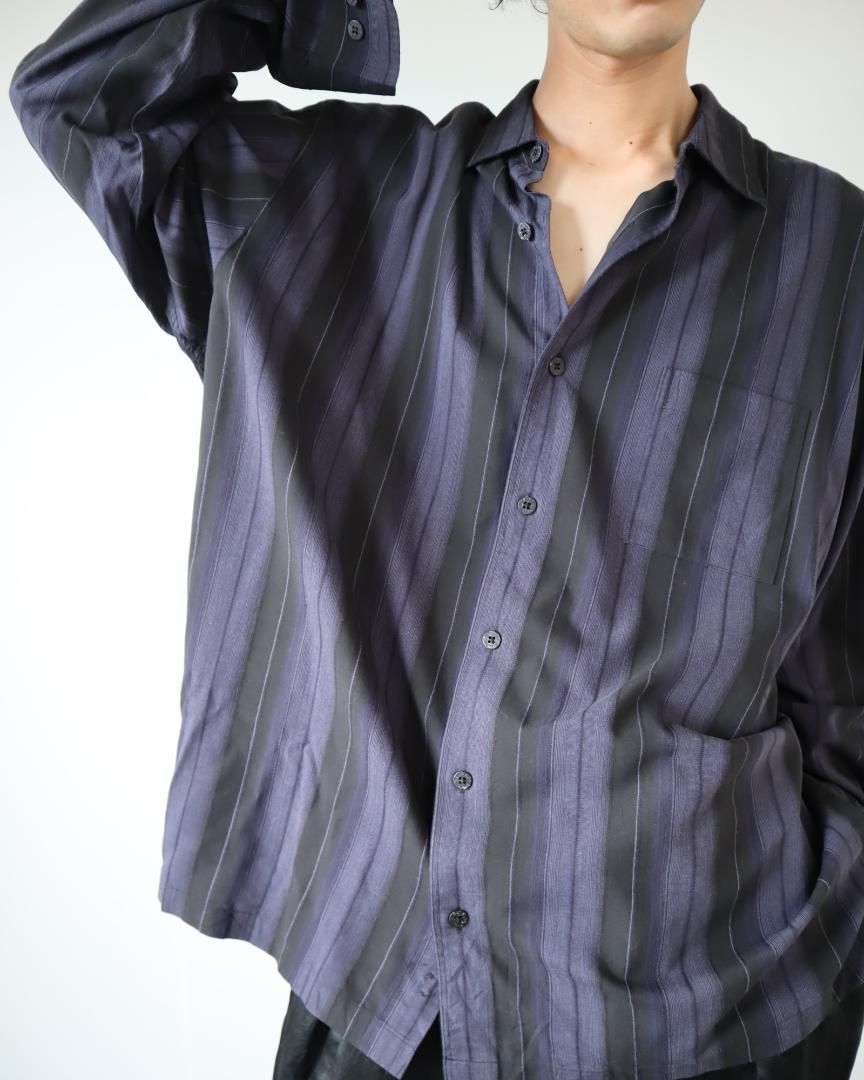 arie長袖シャツ✿【vintage】太ストライプ レーヨン ルーズ 長袖シャツ 2XL 濃紺×黒