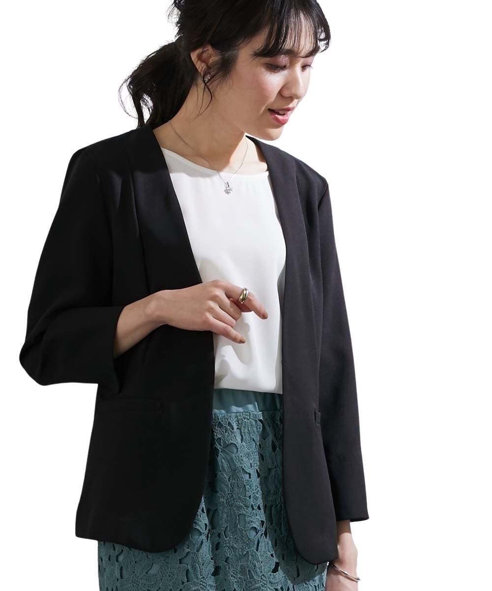 Size M_Color ブラック ニッセン コート ジャケット 洗えるストレッチダブルクロス7分袖ノー ジャケット 黒 M