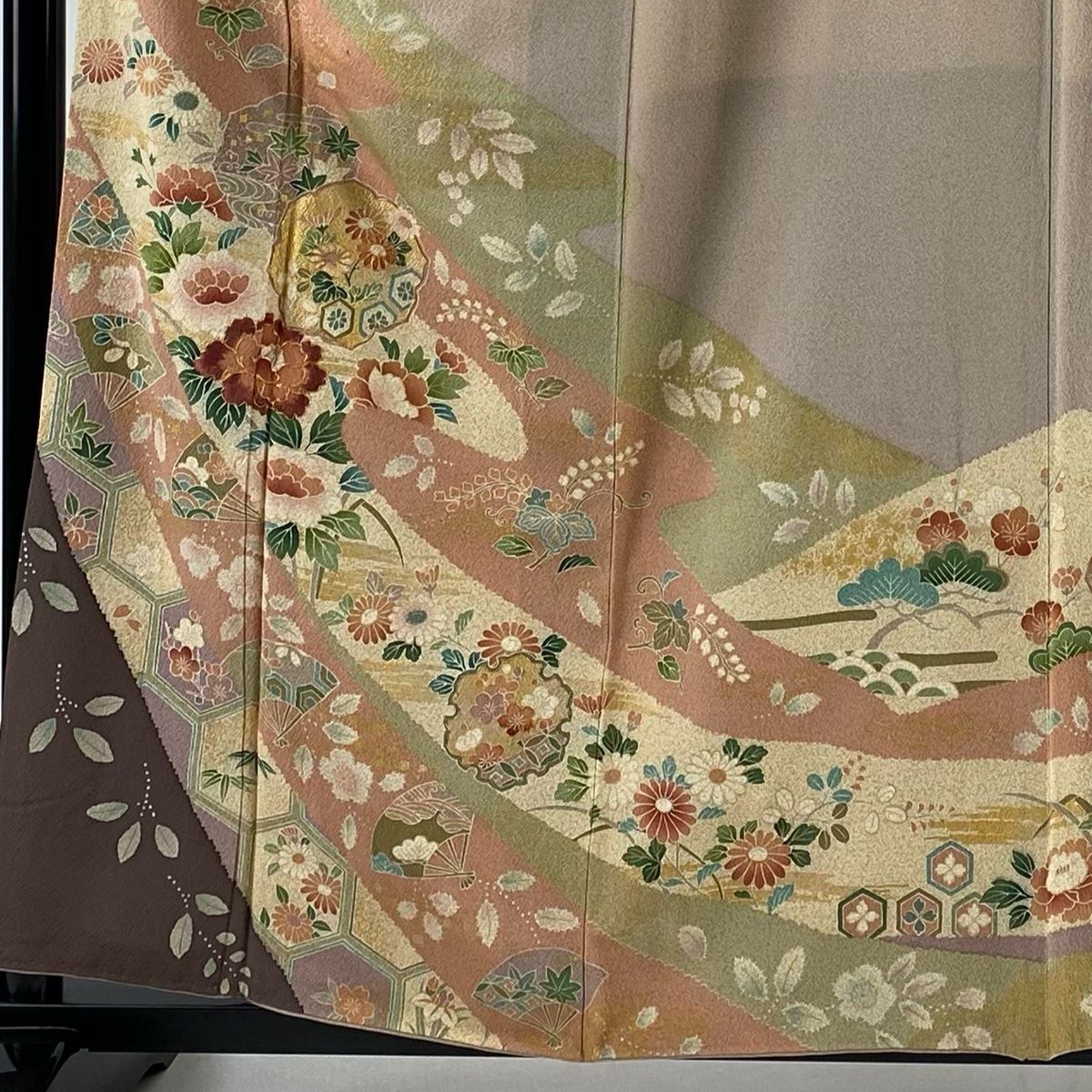 訪問着 身丈158cm 裄丈65.5cm M 袷 扇 草花 金糸 刺繍 薄小豆 正絹 名品 一つ紋