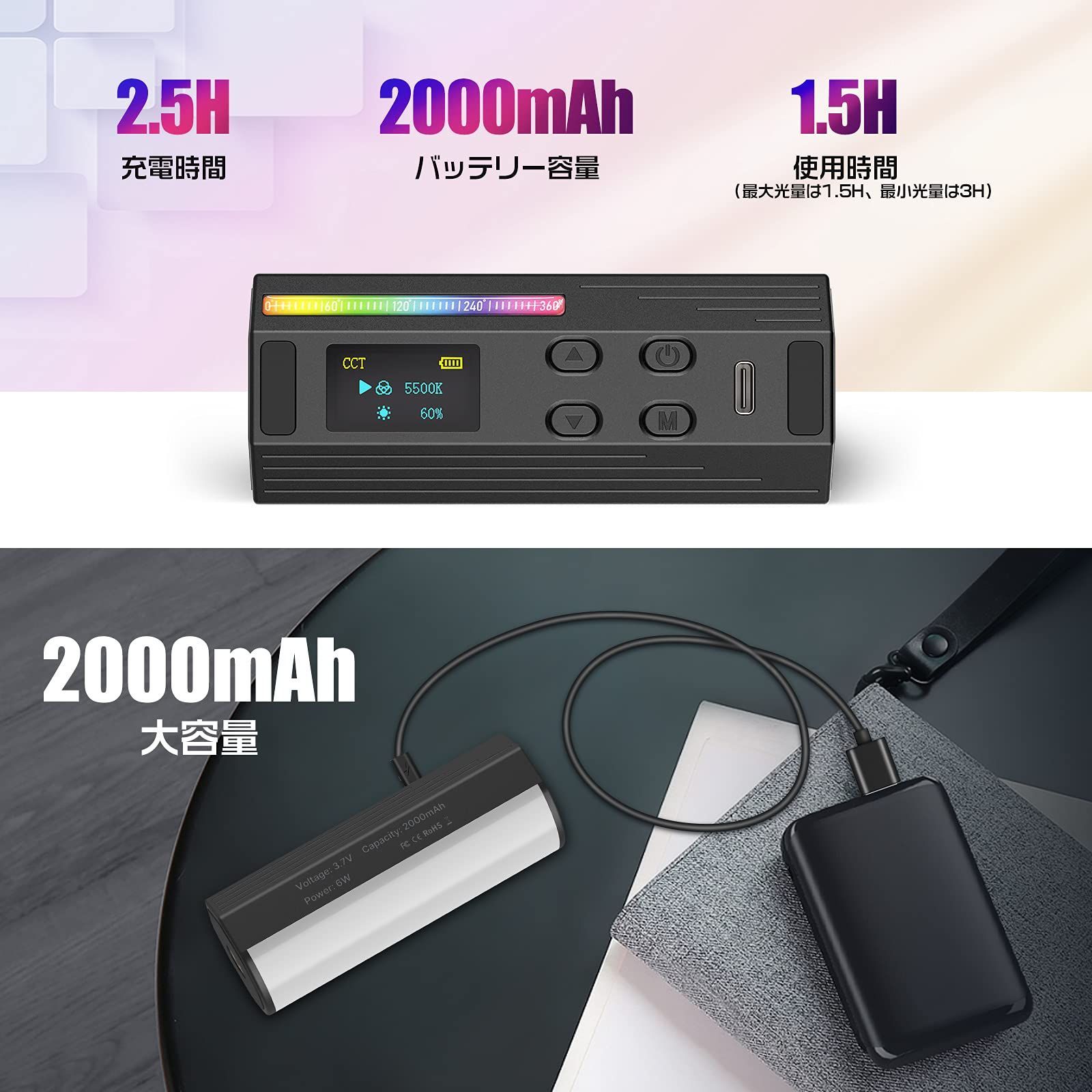 マグネット搭載 LEDビデオライト 2000mAh USB-C充電式