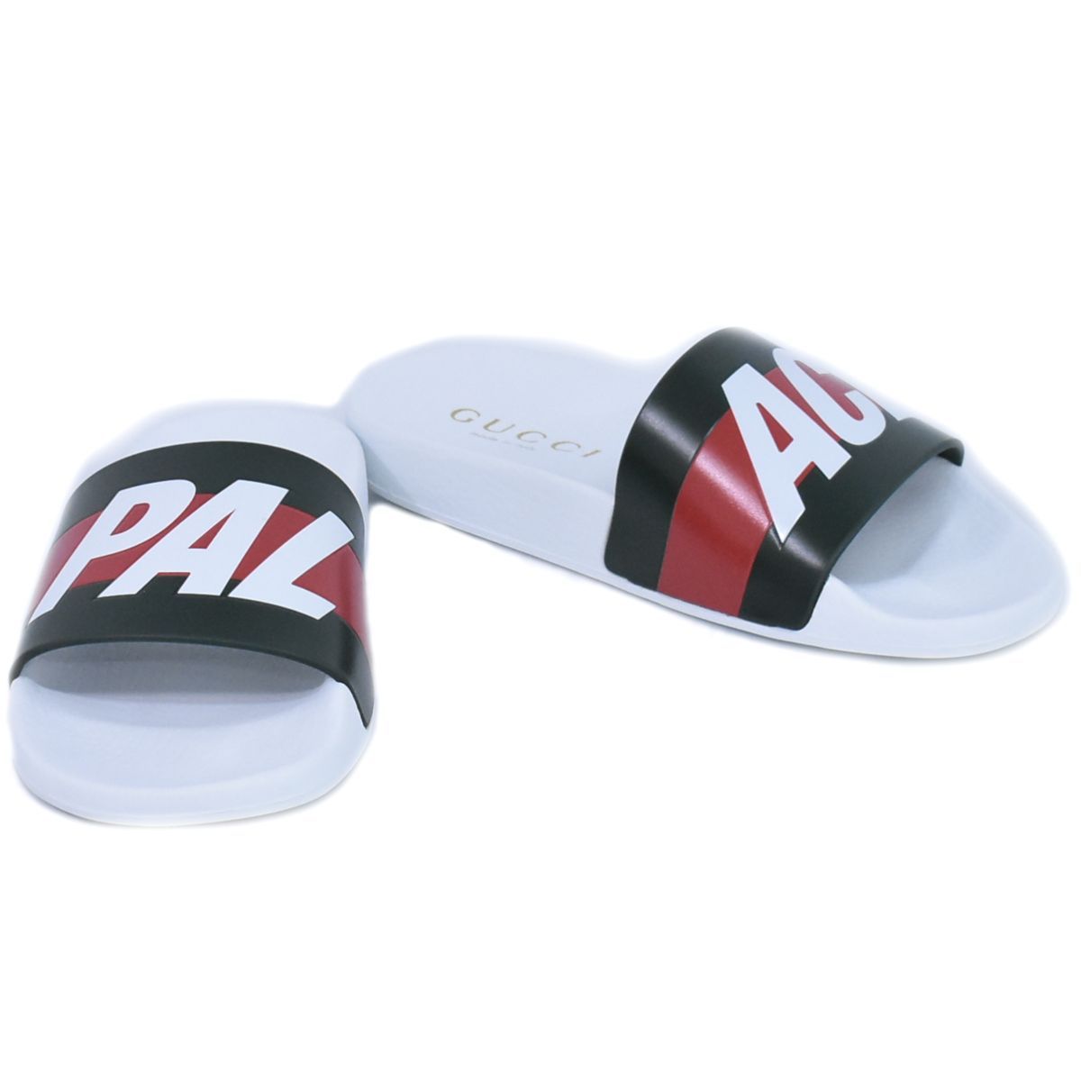 本物 グッチ GUCCI × パレス PALACE ロゴ シェリーライン サンダル 39 ラバー ホワイト カーキ レッド メンズ 靴 シューズ フォロー割