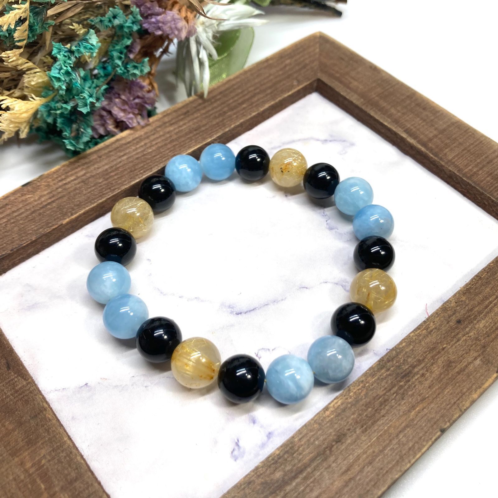 ルチルクォーツ&アクアマリン パワーストーン ブレスレット 10mm 天然石ブレス (シルバー) アクアマリン ルチルクォーツ マザーオブパール クラッククォーツ