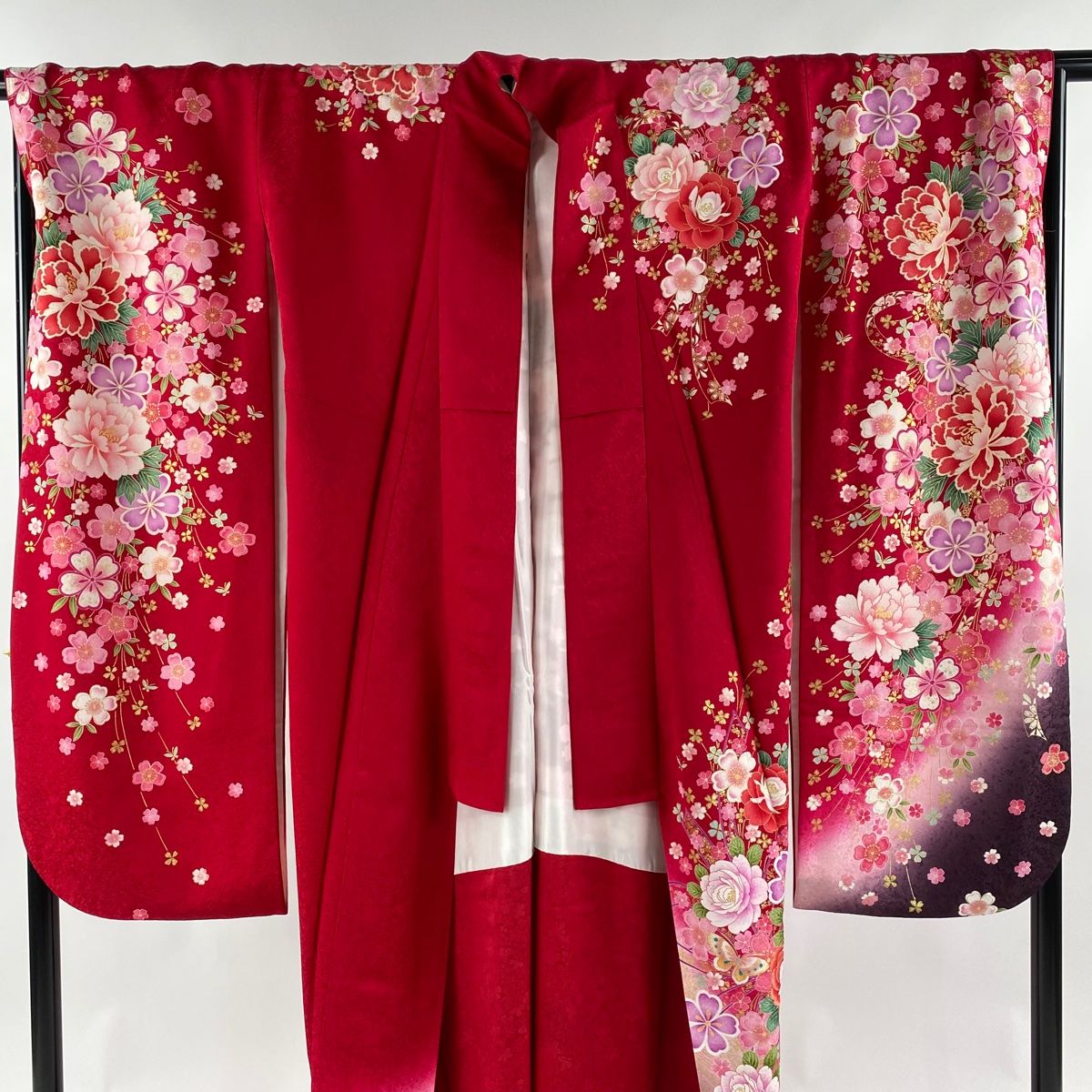 振袖 身丈165cm 裄丈69.5cm L 袷 薔薇 蝶 金彩 刺繍 赤 正絹 美品 名品  