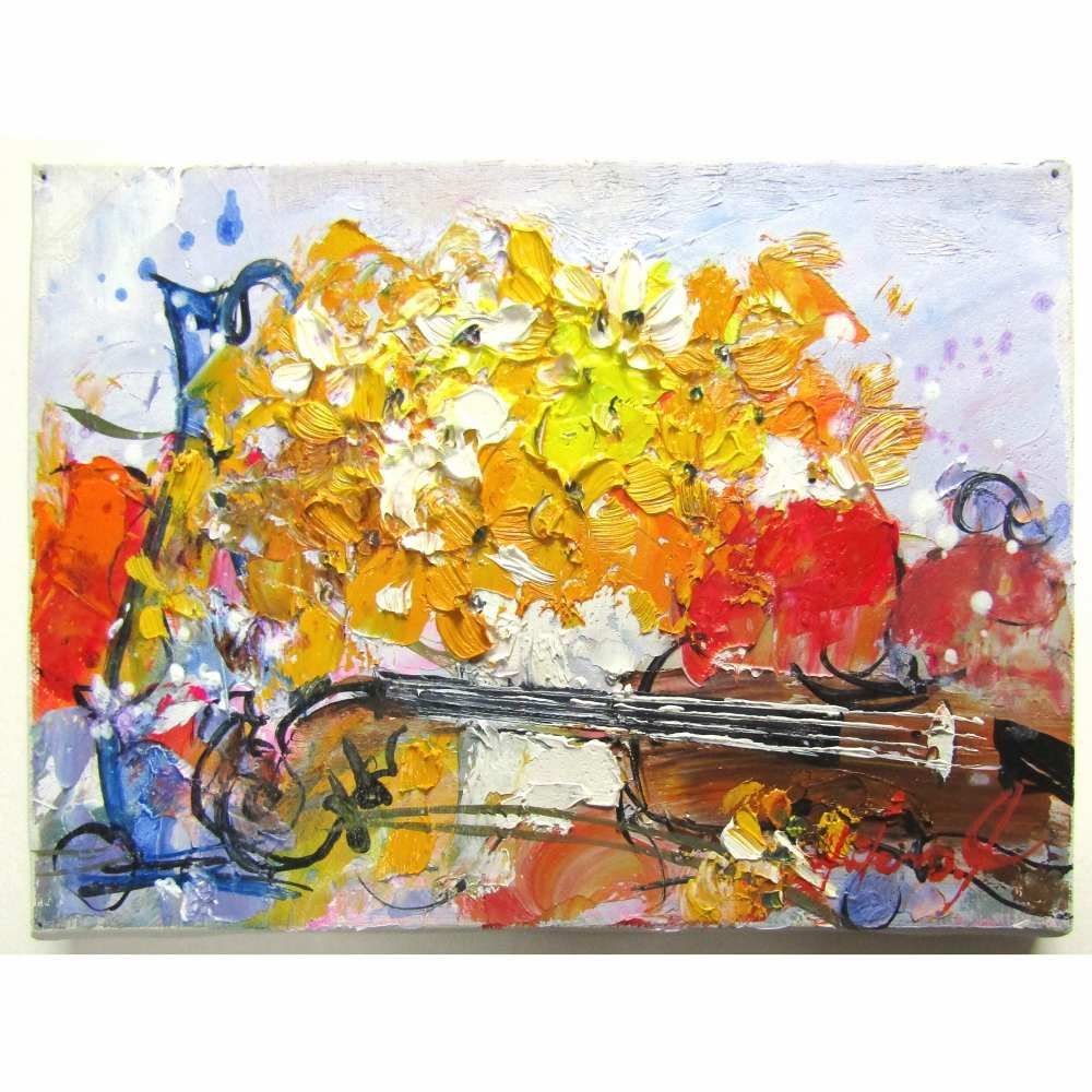☆ 池田秀郎『黄色い花とバイオリン（SM号）』油彩画・油絵 静物画