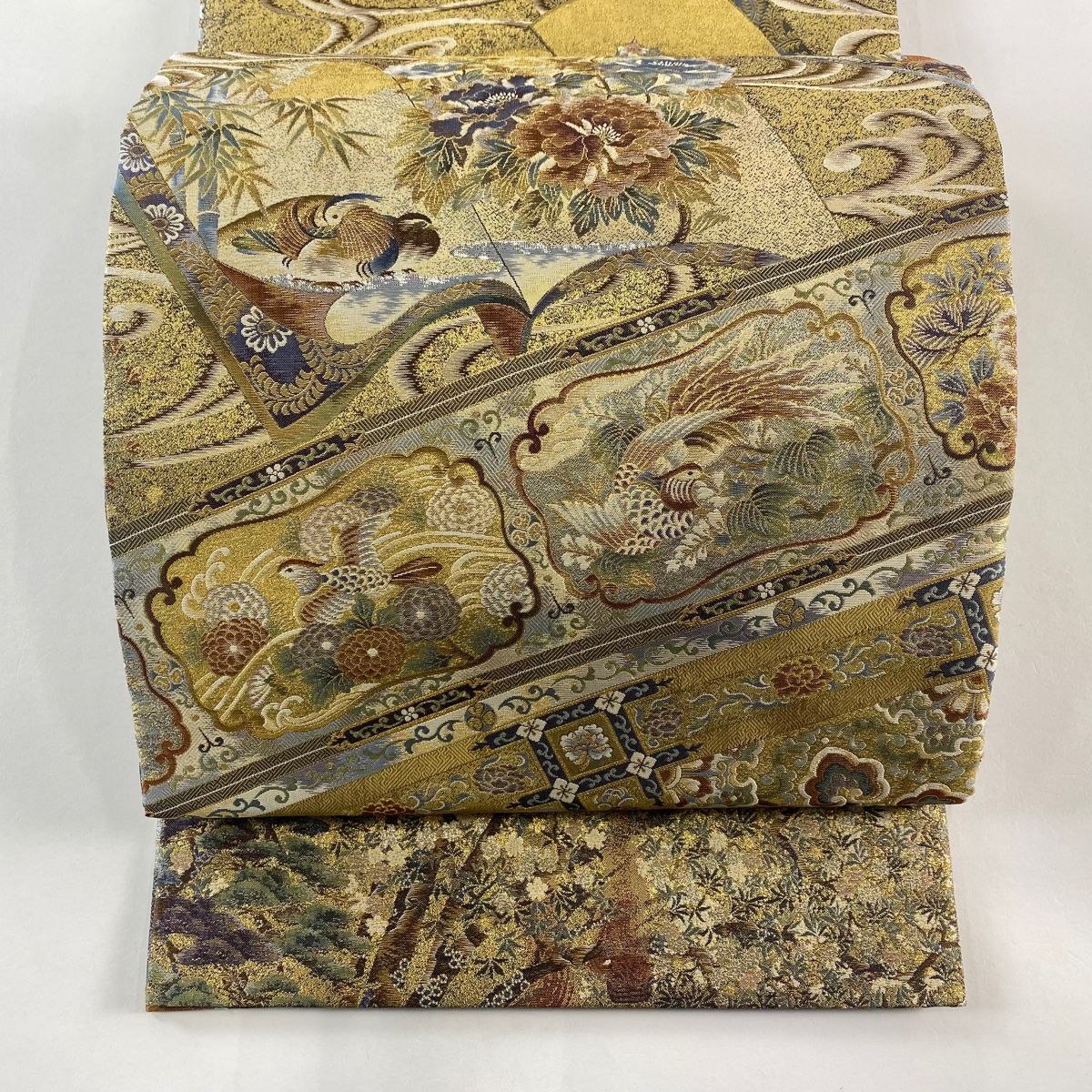 丸帯 名品 温故知新 冊子文 花鳥 金糸 箔 金色 全通 正絹