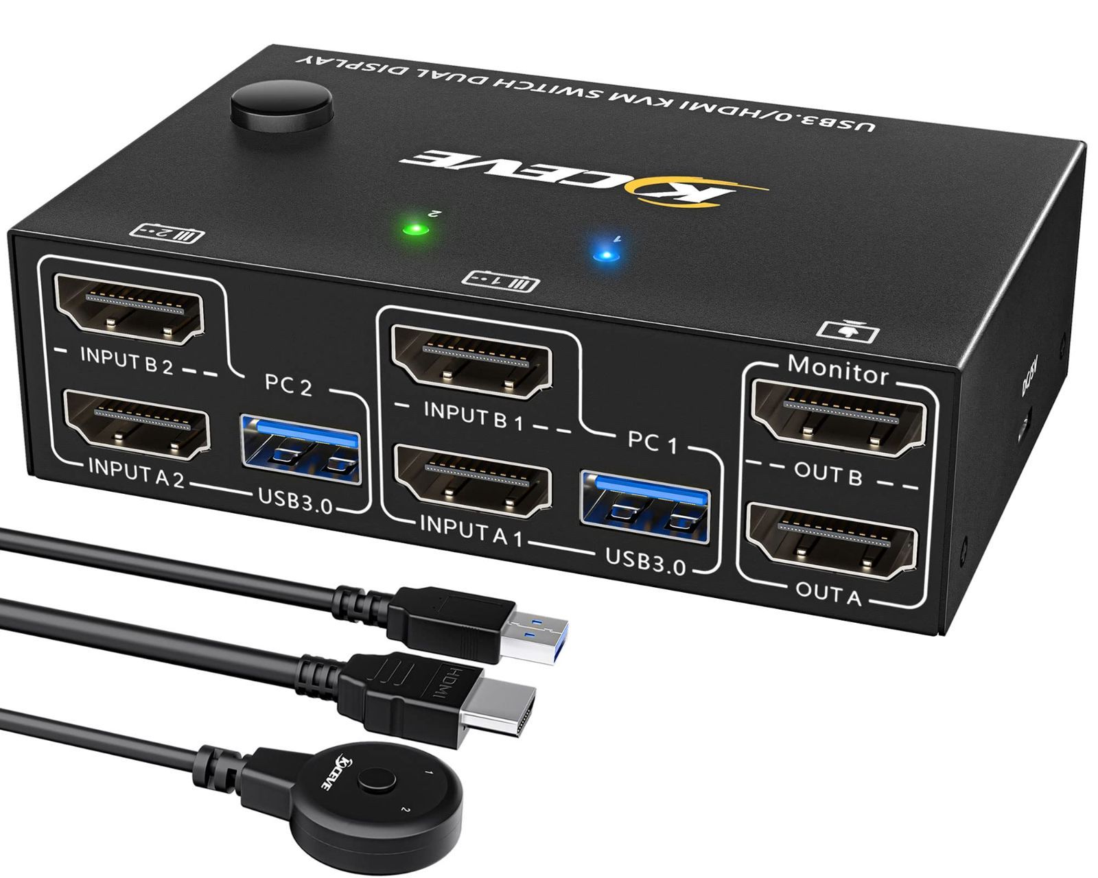 キーボード マウス 2モニター共有 HDMIスイッチ2PC KVM 外部電源スイッチ|1.5m切替延長ボタン KVM USB3.0 2ポート拡張ディスプレイ 4K 60Hz 切替器 HDMI モニター デュアル