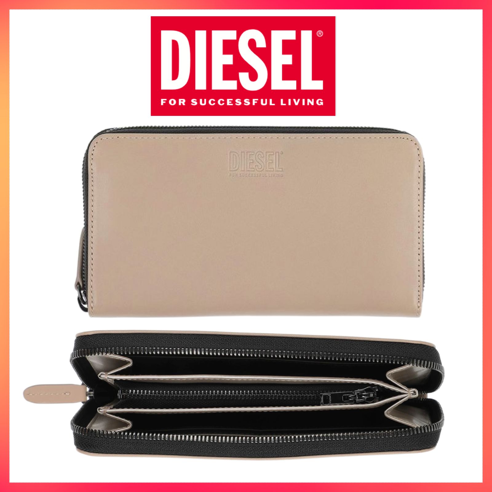 DIESEL ベージュ ラウンドファスナー 長財布-