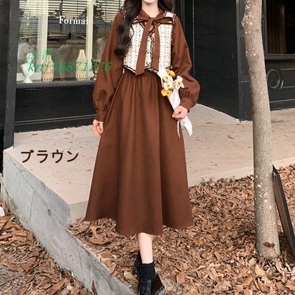 ワンピース ベスト 2点セット 冬服 秋冬 長袖 レトロ 大きいサイズ Aライン レディース お出かけ リボン フレンチ エレファッション おしゃれ かわいい kni5a871276