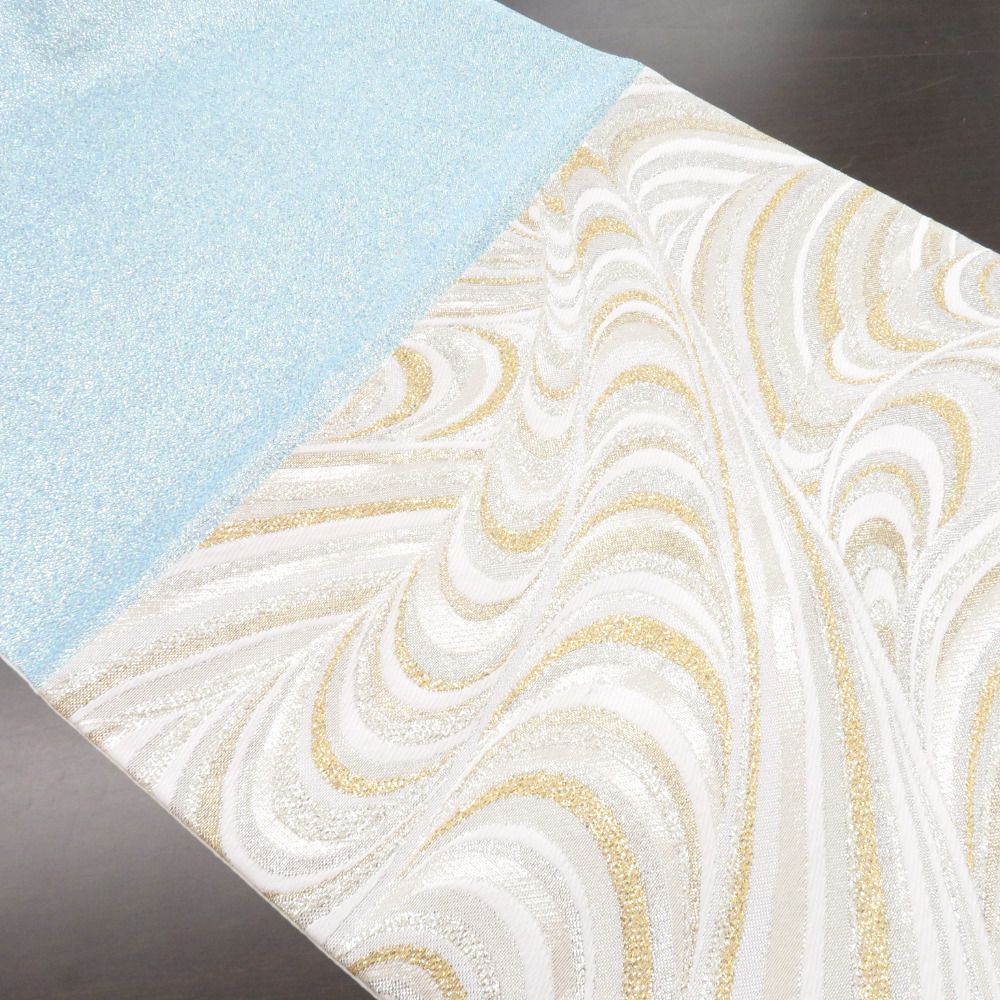 西陣織　金通　袋帯 西陣織 にしじんおり 袋帯 振袖用 西陣織 白×金×銀 曲線柄 六通