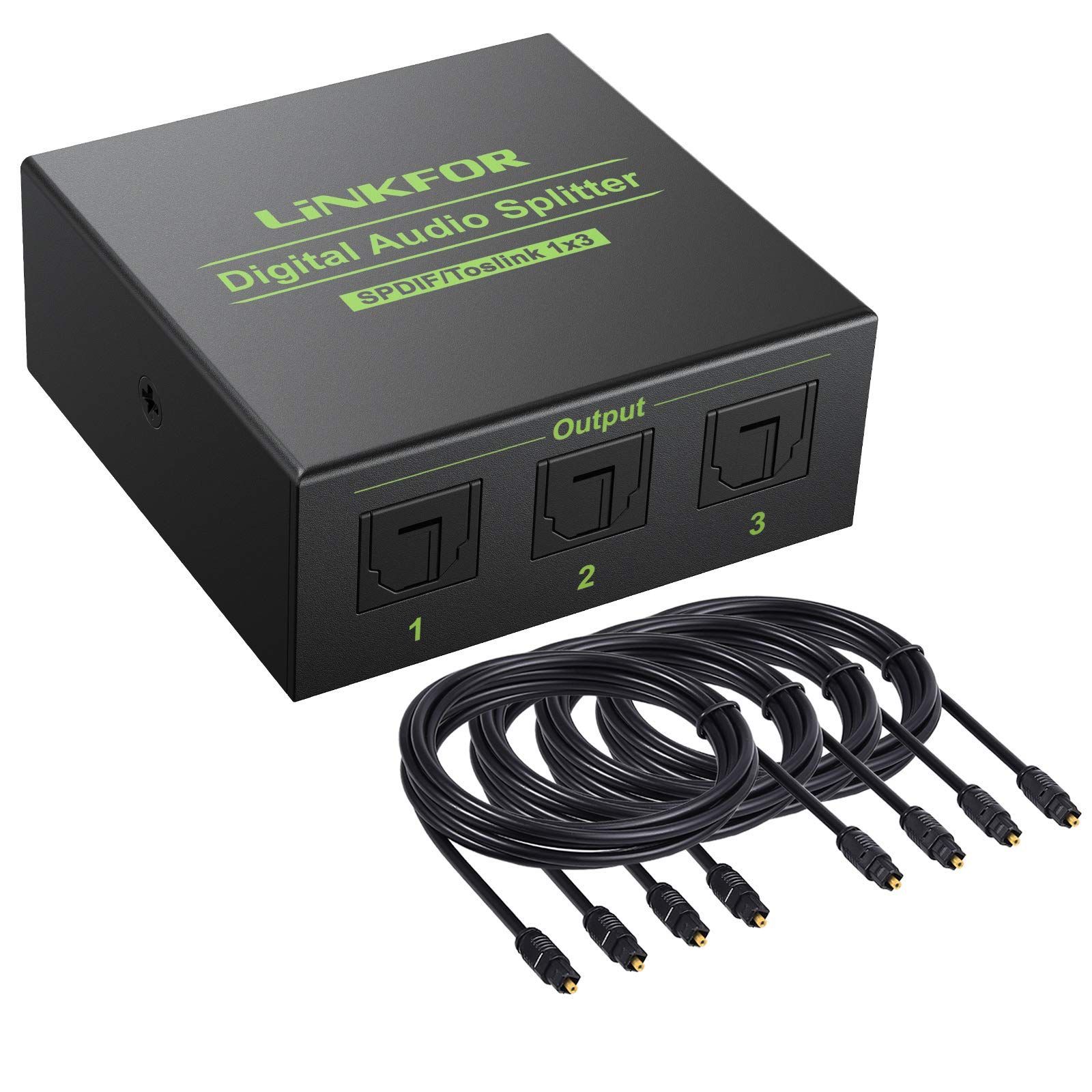 【人気商品】1入力3出力 分配器 LPCM2.0 光デジタル DTS Dolby-AC3に対応 SPDIF/TosLink 合金外殻 4PCS光ケーブル付属 LiNKFOR PS3/XBOX/Blue-Ray/DVDプレーヤー/HDTV/STB/アンプに対応