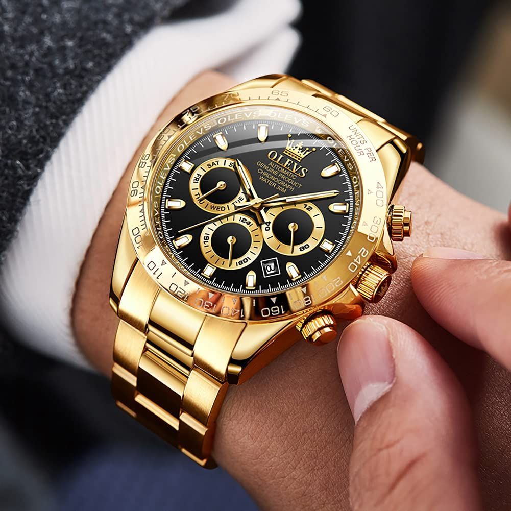 【新着商品】人気 ゴールド 腕時計 自動巻き 金色 メンズ ベルト 3気圧防水 うで時計 夜光 カレンダー 日付 OLEVS スケルトン ブラック