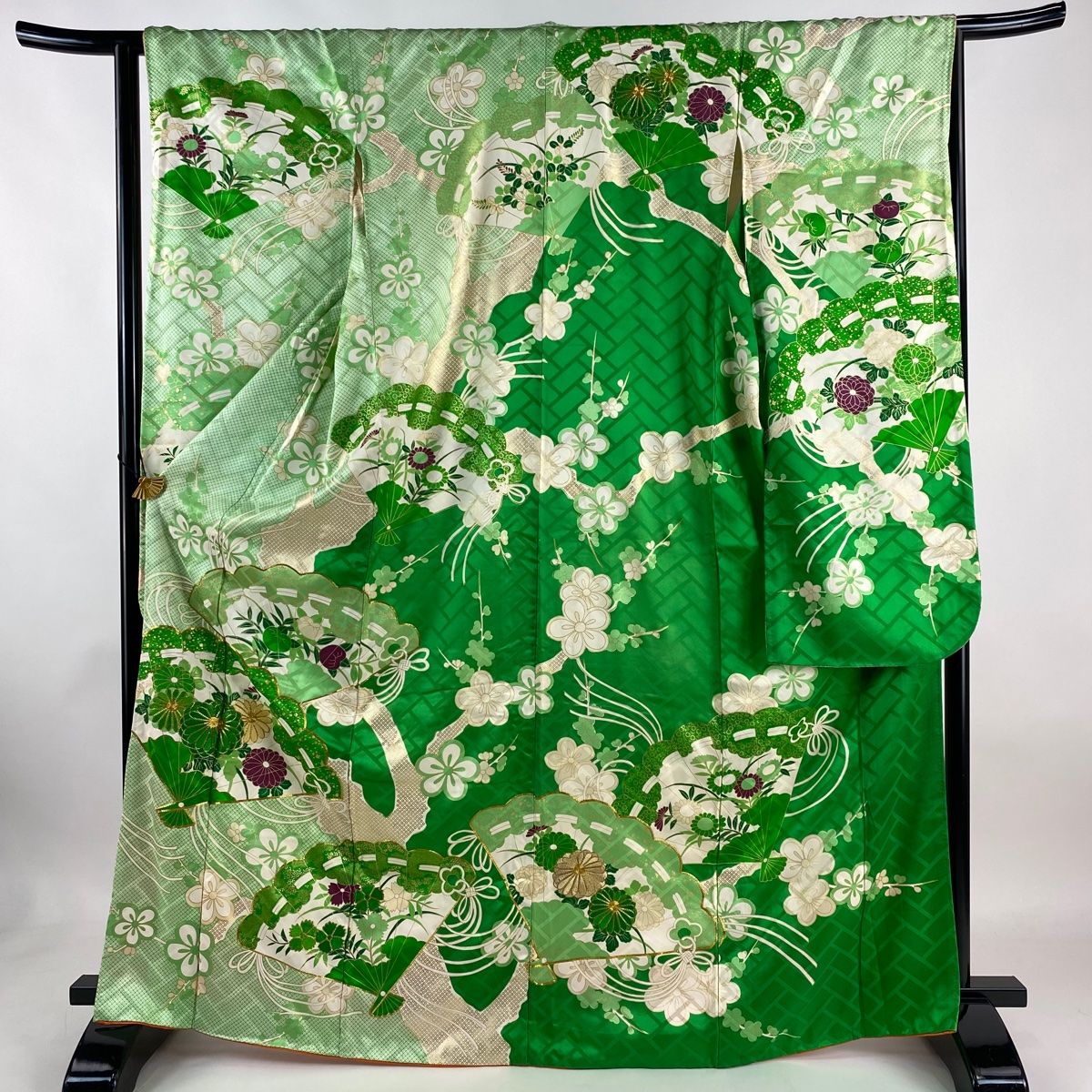 振袖フルセット 身丈162.5裄64 豪華振袖 緑 チャコール 刺繍柄