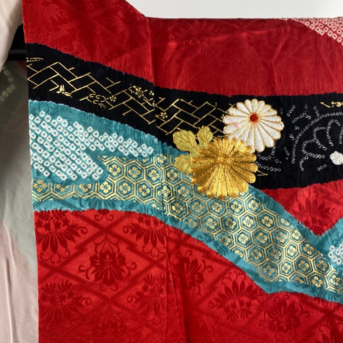振袖 身丈165.5cm 裄丈68cm L 袷 袋帯フルセット 御所車 菊 刺繍