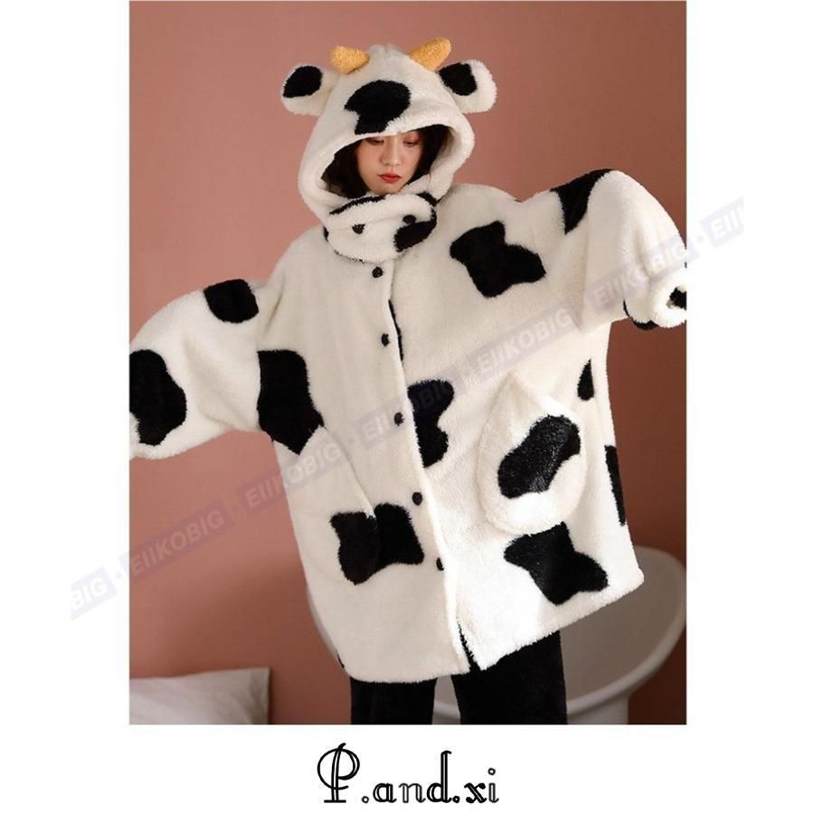ガウン レディース 冬 裏起毛 ルームウェア 牛 着ぐるみ 年賀状 牛柄