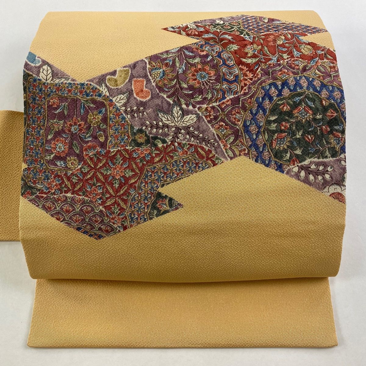 名古屋帯 秀品 二代目 更甚 落款 更紗 毘沙門亀甲 縮緬 オレンジ 正絹