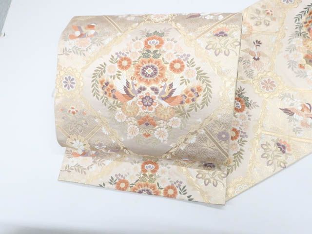 一輝堂】リサイクル着物 袋帯 六通 金糸 花喰い鳥 芯無し仕立