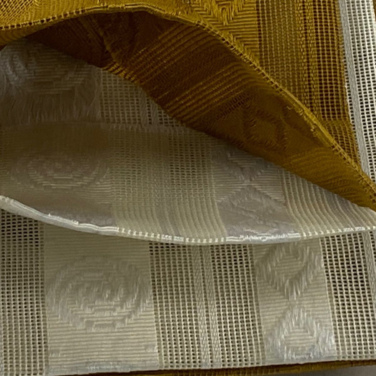 半幅帯 美品 優品 夏帯 縞 渦巻き 山吹茶色 化繊 【中古