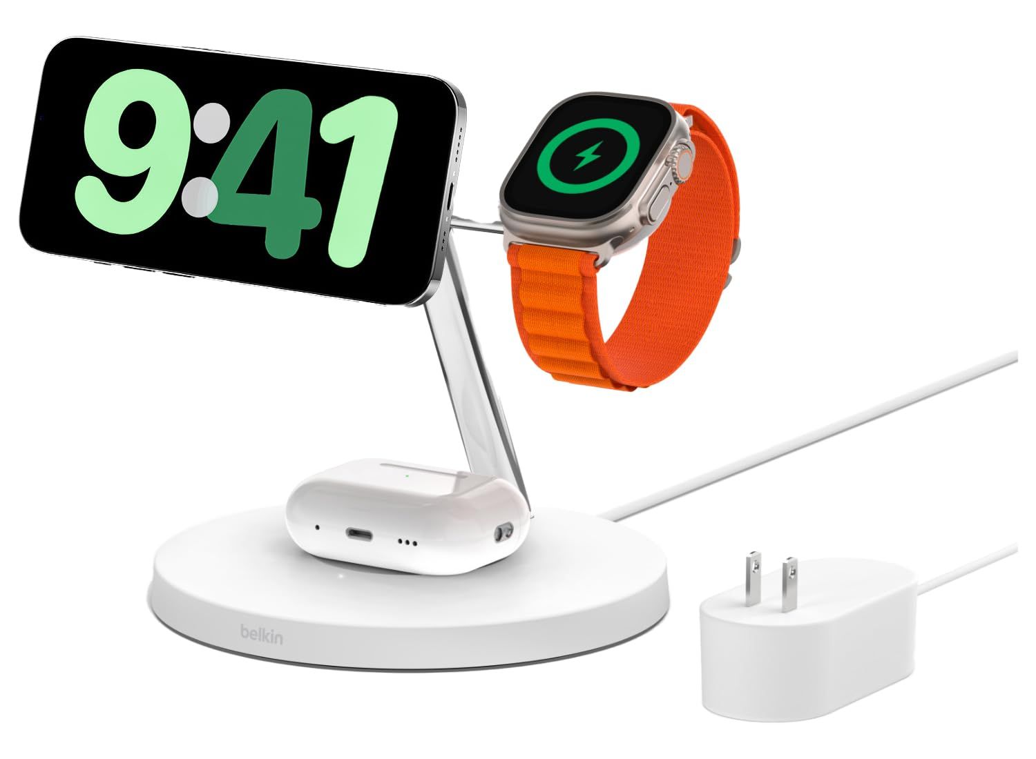 Belkin 3 in 1 MagSafe充電器 最大15W高速充電 ワイヤレス充電器 MagSafe公式認証 iPhone 15 / 14 / 13 / 12 Apple Wa [ホワイト] [3 in 1充電スタンド(Apple Watch高速充電対応)]