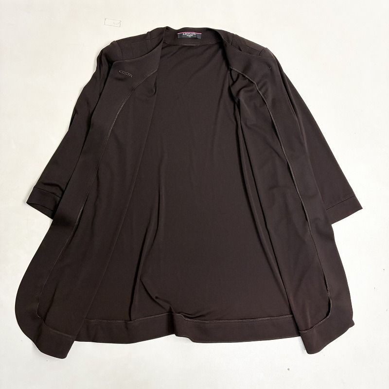 美品 LEONARD レオナール レザー ニット ノーカラー ジャケット ◇ LEONARD レオナール ノーカラージャケット アウター 薄手 金