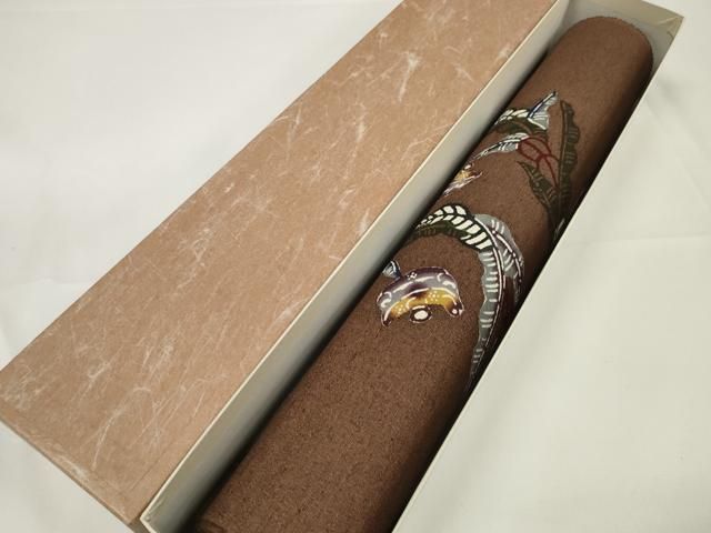 平和屋本店□極上 本場琉球紅型 名古屋帯 帯反物 紬地 草花 焦茶色 共