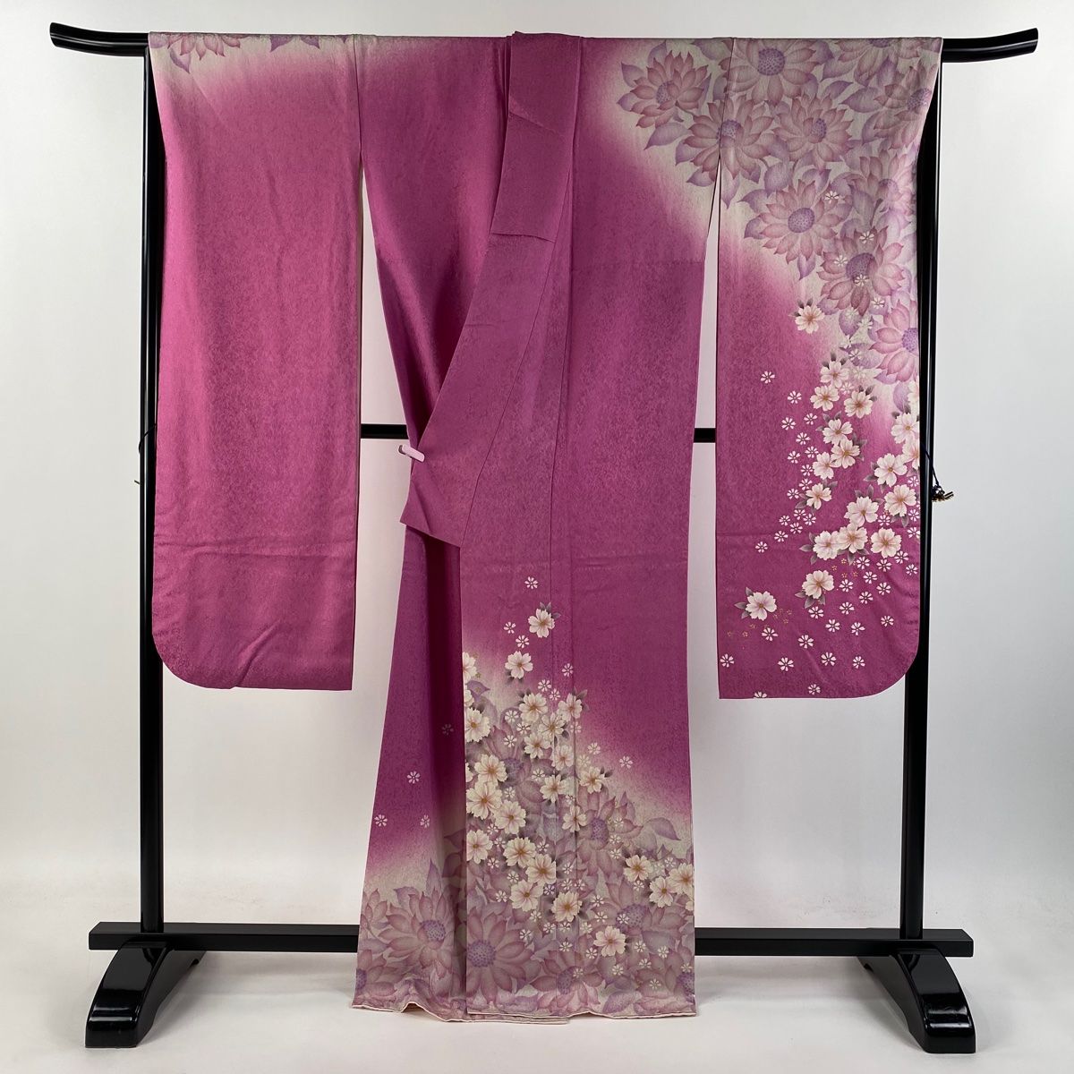 振袖 身丈168.5cm 裄丈67cm M 袷 枝花 銀通し 箔 ピンク 正絹