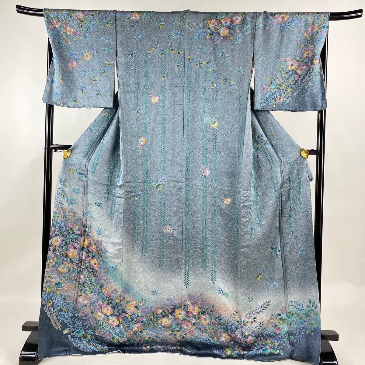 訪問着 身丈170.5cm 裄丈70cm L 袷 辻が花 金彩 ぼかし 青灰色 正絹 名品