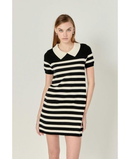 送料無料 イングリッシュファクトリー レディース ワンピース トップス Women s Stripe Collar Mini Dress Black|white