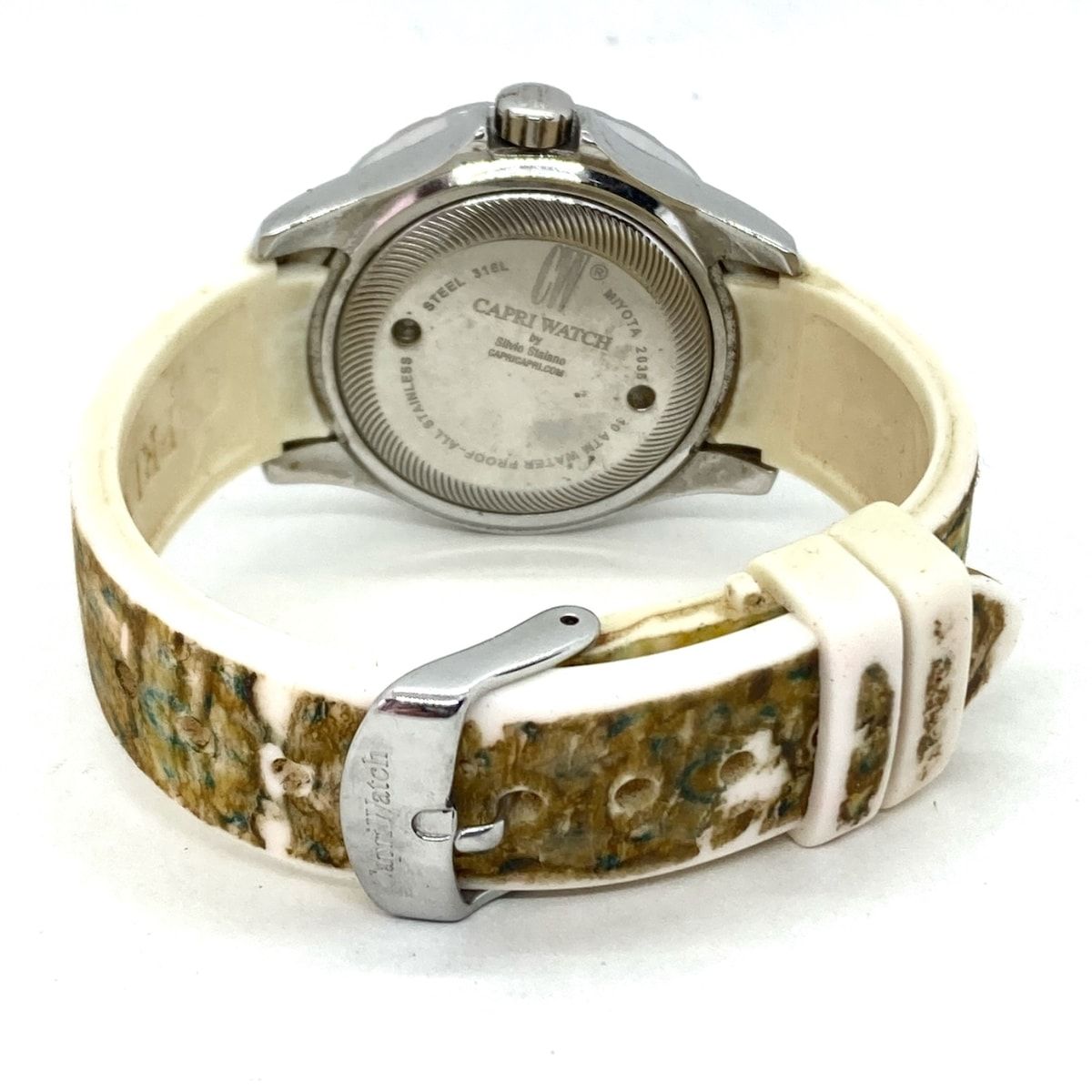 Capri WATCH(カプリウォッチ) 腕時計 - 316L レディース ラインストーンベゼル 白×ダークイエロー×マルチ