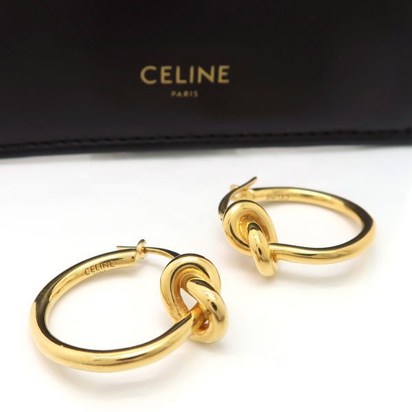 CELINE ノット ピアス スモールフープ GP ゴールドフィニッシュ レザーケース付 セリーヌ ◆送料込◆質屋-9912