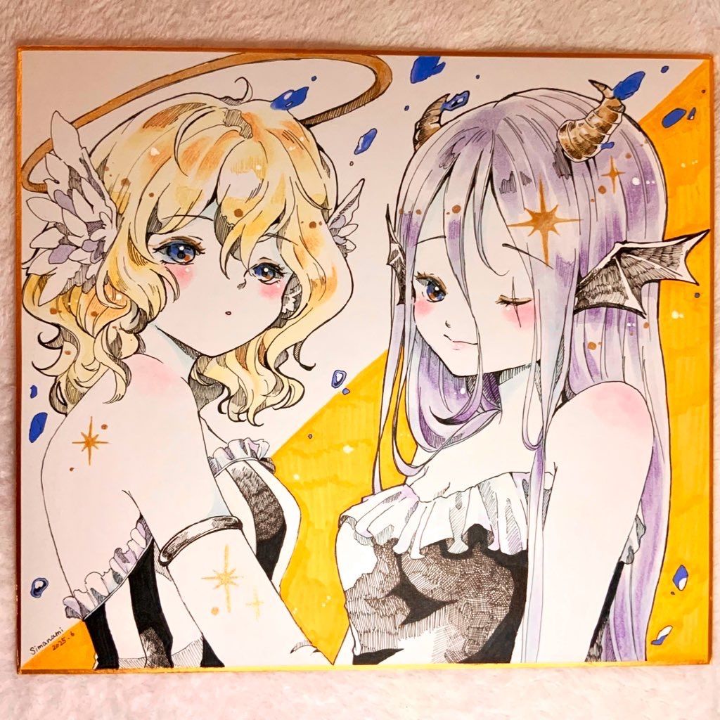 【手描きイラスト 173】オリジナル原画 中サイズ色紙「アイドル悪魔ちゃん」 オリジナルイラスト 天使と悪魔ちゃん 色紙大 手描き 原画 女の子