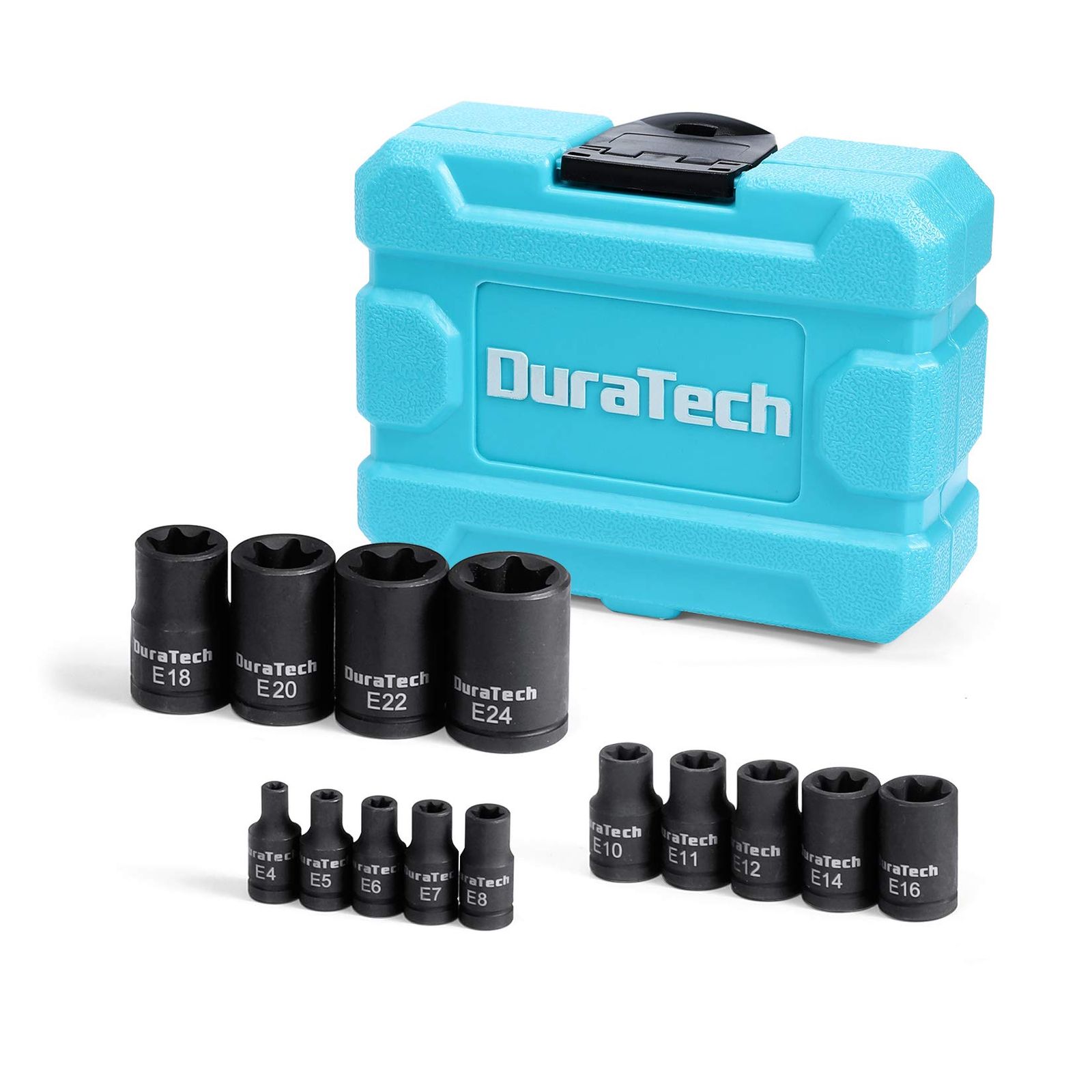 DURATECH 外付けスターインパクトソケット14点セット ソリッドケース付き Cr-Vスチール E4~E20 1/4インチ 3/8インチ 1/2インチ ドライブ メス E-トルク ソケット インパクトレンチと作業用