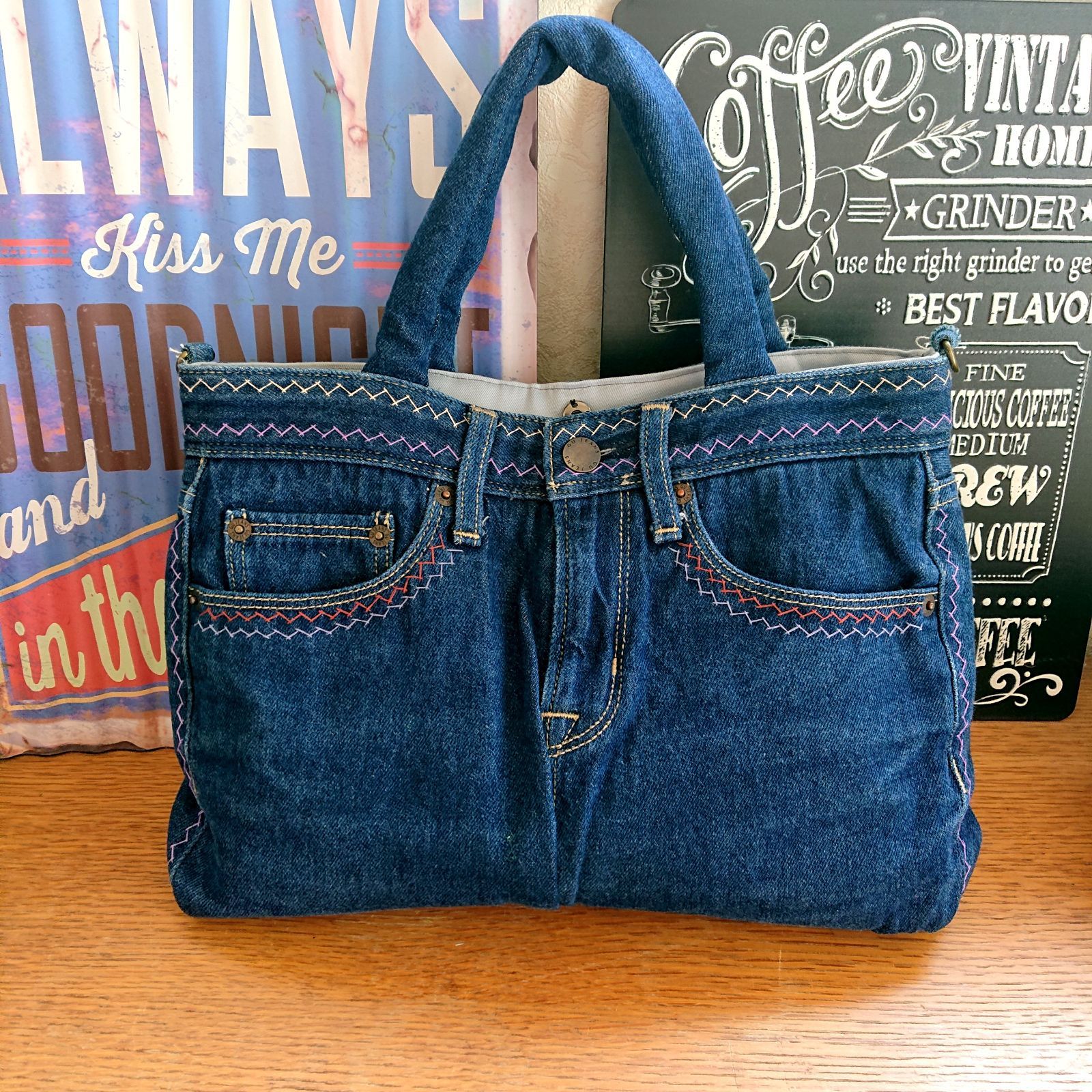 13☆USEDダークデニムリメイク トートバッグ カラフルステッチ