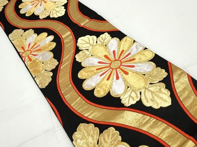 袋帯 正絹 黒地 唐織 花流し 上品な加工 六通 U-5258 楽天市場】【Prices down2】唐織袋帯 「黒地 柏」 錦工芸謹製 六