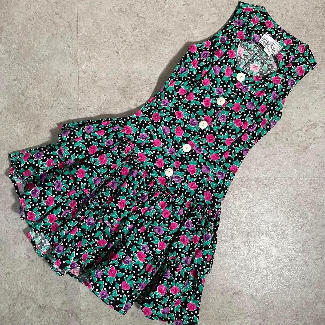 アンティーク ビンテージ 緑 花柄 フリフリ 70s USA ワンピース ドレス 70's USA製 VINTAGE アメリカ購入 ビンテージ ワンピース ドレス