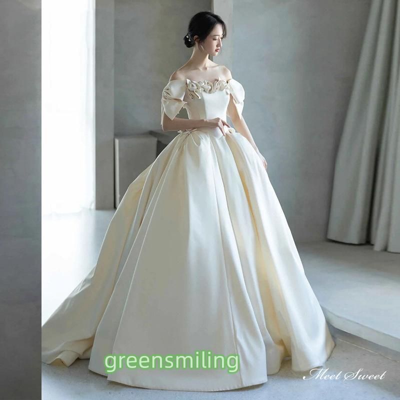 ウェディングドレス ウエディングドレス ロングドレス 二次会 結婚式 前撮り ブライダル 花嫁 オフショルダー リボン サテン 売れ筋商品 ZZ520