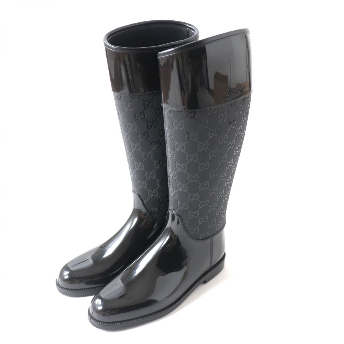 グッチ GUCCI GG柄 ロングブーツ 黒 ブラック 37 美品 良品☆GUCCI グッチ GG柄 ロゴ入り ロング丈 レインブーツ