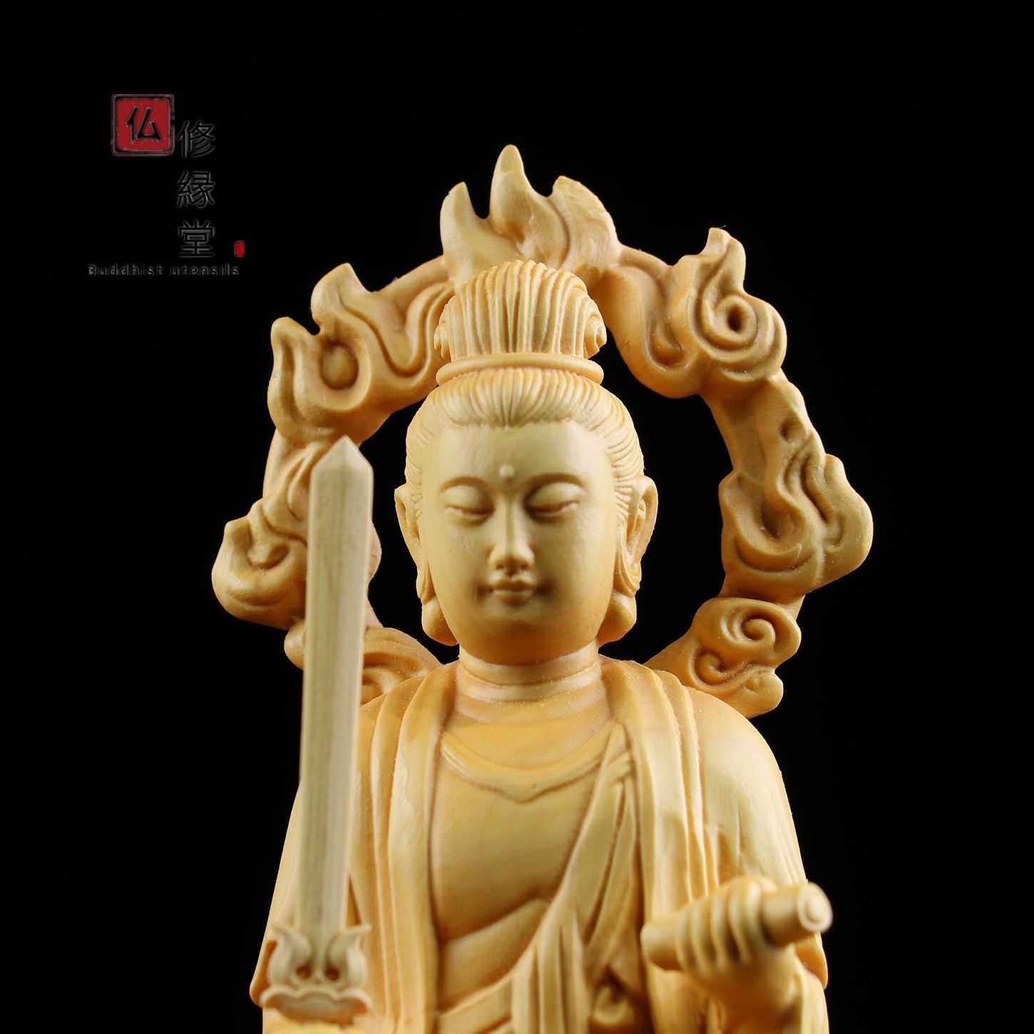 修縁堂】木彫り 仏像 文殊菩薩 普賢菩薩座像一式 彫刻 仏教工芸