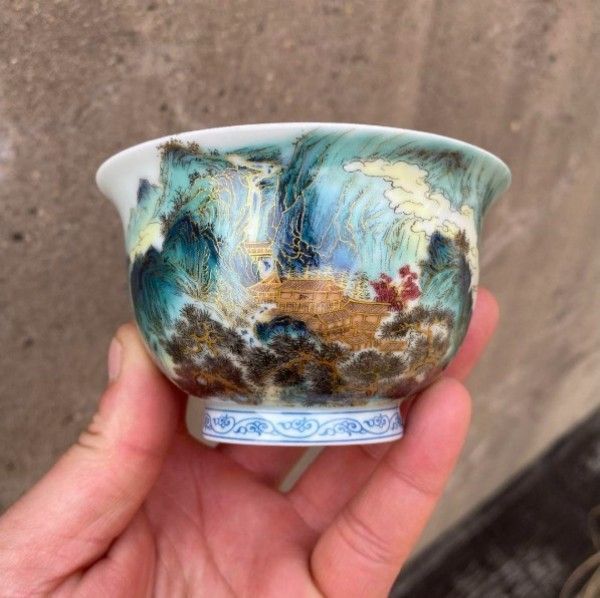中国茶器 七承堂可懸停山居払雲図三才蓋碗 茶杯 茶碗 煎茶道具 新品未使用 新品】中国茶器 七承堂可懸停山居払雲図三才蓋碗 茶杯 茶碗 煎茶