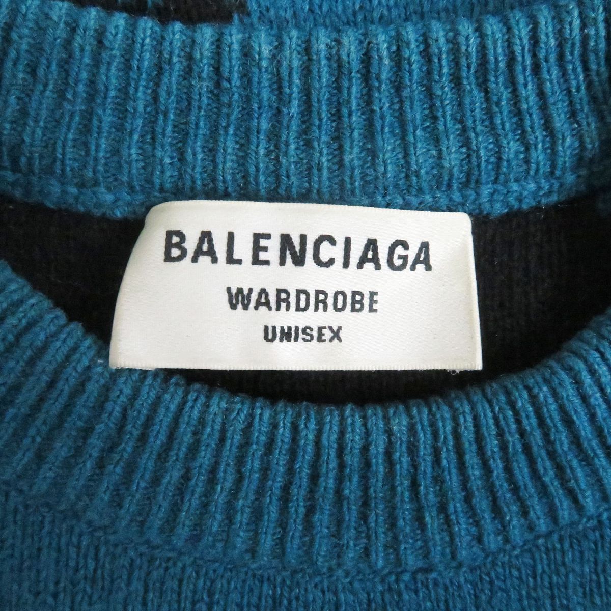 美品□21AW BALENCIAGA/バレンシアガ 657520 ジャガード ロゴ総柄 ウール 長袖ニット/セーター ブルー系 XS イタリア製 正規品 メンズ