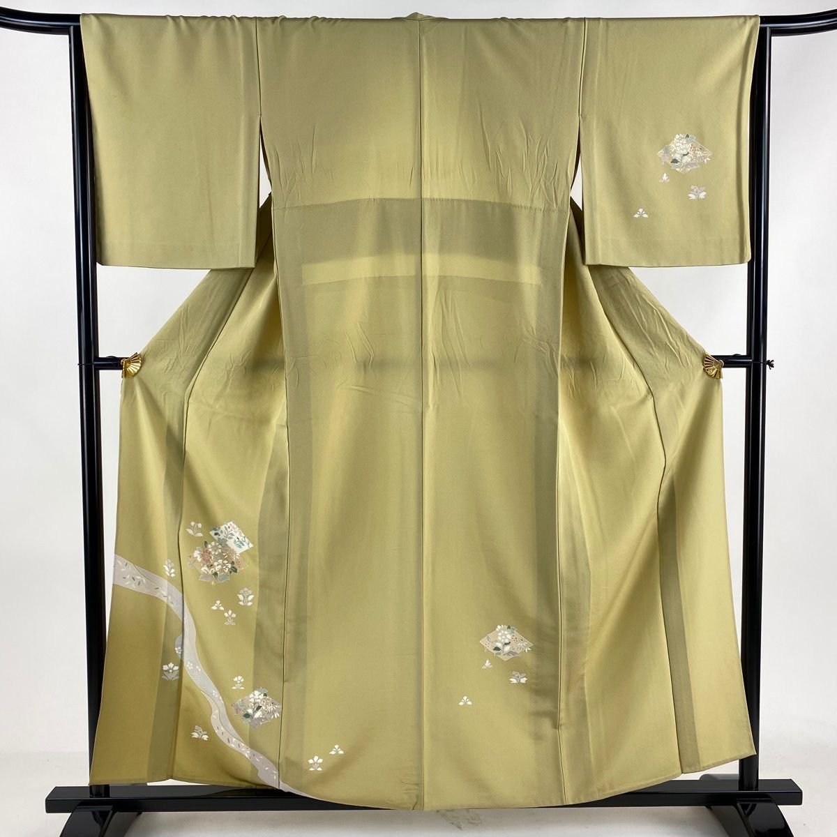 付下げ 身丈158.5cm 裄丈64cm M 単衣 草花 菱 金彩 ぼかし ベージュ 正絹 秀品 一つ紋