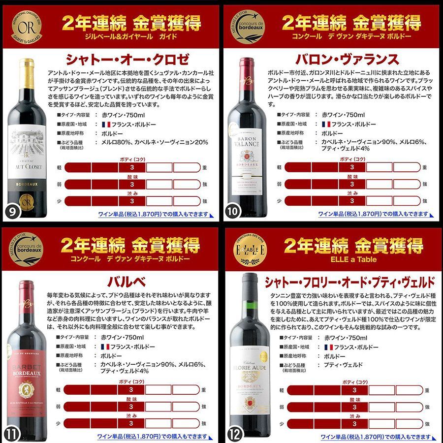 トリプル金賞＆W金賞入り！ボルドー赤ワイン12本セット-3