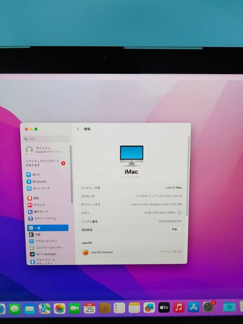 iMac（21.5インチ,2017）HDD1TB/8GB〈MMQA2J/A〉⑨