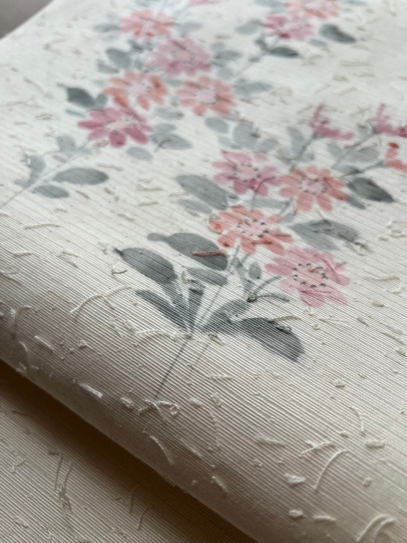 名古屋帯 ひげ紬 作家もの ピンク 花