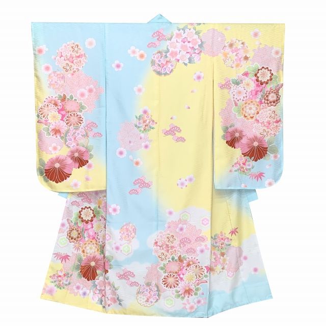 七五三 着物 7歳 女の子 式部浪漫ブランド「水色ｘ黄、菊」SR7peb-2308tan