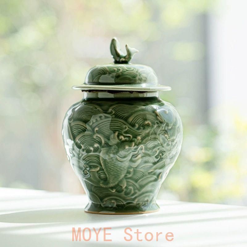 中国美術 青磁浮彫り錦鯉茶筒 茶器 茶入れ 青磁 茶道具 新品未 中国美術 青磁浮彫り錦鯉茶筒 茶器 茶入れ 青磁 茶道具 新品未