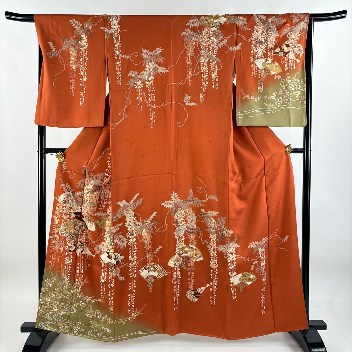 訪問着 身丈160.5cm 裄丈66cm M 袷 扇 藤 金糸 金彩 オレンジ 正絹 秀品